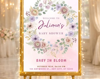 Invitación floral para baby shower, invitación "Bebé en flor", plantilla editable de Canva, invitación imprimible para baby shower, cartel de bienvenida