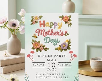 Invitación para cena del Día de la Madre, invitación floral de ganchillo para el Día de la Madre, tarjeta imprimible y editable para celebrar a mamá.