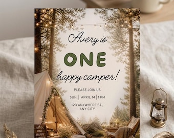 Invitación de primer cumpleaños para niño con temática de campamento, plantilla editable de invitación de cumpleaños con temática de campamento, invitación para fiesta de primer cumpleaños con temática de campamento
