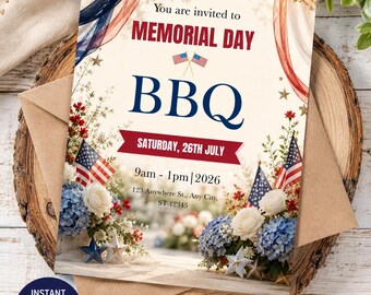 Memorial Day Cookout Invitation Template Editable in Canva | Patriotic BBQ Party Invite | Red White Blue Summer Party Invitation
