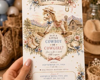 Invitación para revelar el sexo del bebé con temática de vaquero o vaquera, invitación para revelar el sexo del bebé con temática del Oeste, revelación de género para niño o niña, baby shower del Viejo Oeste, plantilla editable de Canva.