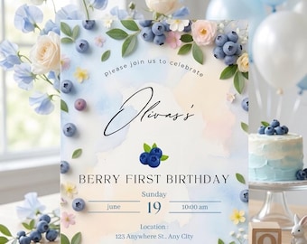 Invitación de primer cumpleaños con temática de arándanos, invitación para fiesta temática de bayas, plantilla editable de Canva, descarga digital.