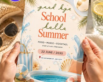 Goodbye School Hello Summer Invitation Template Editable in Canva | End of School Party Invite | Kids Summer Pool Party Invite
