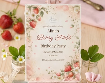 Plantilla de invitación de primer cumpleaños con temática de bayas, invitación de primer cumpleaños con temática de arándanos, invitación editable en Canva.
