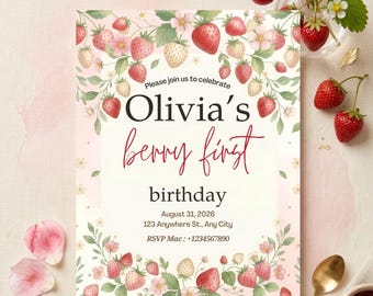 Invitación de primer cumpleaños con temática de arándanos, plantilla de invitación para fiesta de arándanos, descarga instantánea en Canva.