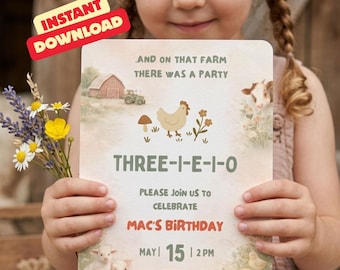 Invitación para fiesta de la granja Three-I-E-I-O, invitación de tercer cumpleaños con animales de granja, editable en Canva, invitación imprimible para fiesta infantil.