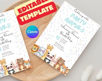 Plantilla editable de invitación de cumpleaños infantil, invitación de fiesta de cumpleaños con animales adorables en Canva, invitación de primer cumpleaños imprimible, descarga instantánea.