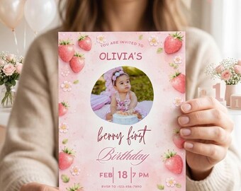 Invitación de primer cumpleaños con fresas y foto / Invitación de fiesta de primer cumpleaños para niña con fresas / Plantilla editable de Canva
