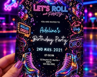 Invitación de cumpleaños con temática de patinaje, invitación a fiesta de patinaje retro, plantilla editable de Canva, cumpleaños con temática de discoteca sobre ruedas neón, descarga digital.