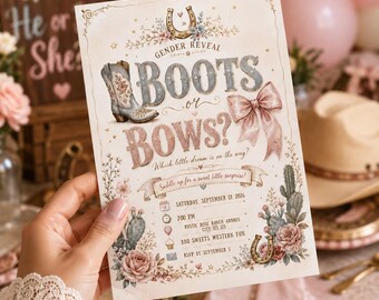 Invitación para revelar el sexo del bebé con temática de botas o lazos, invitación para baby shower con temática del oeste, revelación de género vaquera/vaquera, plantilla editable de Canva.