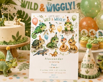 Invitación de cumpleaños con temática de reptiles, fiesta de cumpleaños con serpientes, lagartos y ranas, invitación con animales del zoológico, plantilla editable de Canva.