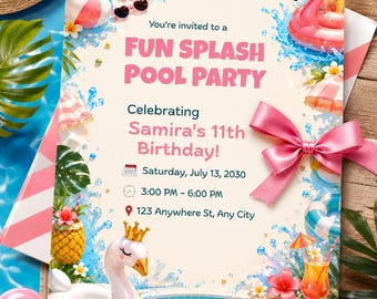 Splish Splash Pool Party Birthday Invitation Template | Girl Summer Pool Party Invite | Pink Flamingo Birthday Invitation | Editable Canva