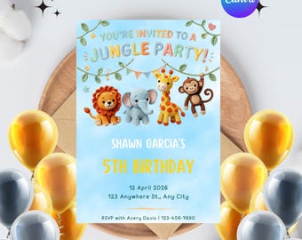 Plantilla de invitación de cumpleaños con temática de la jungla de ganchillo, invitación de cumpleaños con animales de safari editable en Canva, linda invitación para fiesta de cumpleaños con animales
