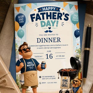Op de afbeelding: Vaderdaguitnodiging met een cartoonillustratie van een man die aan het grillen is. De uitnodiging bevat de tekst "Happy Father's Day!" en details voor een diner. Een hond met een bandana met de tekst "Dad's Biggest Fan" is ook te zien.