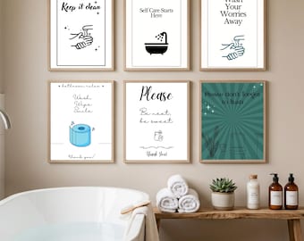 Juego de 6 impresiones de arte de pared para baño, decoración ecléctica para galería de baño, arte colorido para baño con dopamina, descarga imprimible