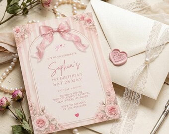 Pink Bow Birthday Invitation Template | Coquette Birthday Party Invite | Editable Canva Girl Birthday Invitation | Luxury Digital Evite