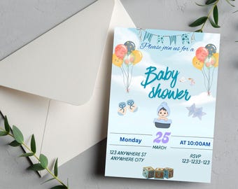 Invitación editable para baby shower de niño, plantilla de invitación para baby shower con globos azules, invitación editable para baby shower en Canva, invitación imprimible para baby shower de niño