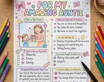 All About My Auntie Printable | Best Auntie Ever Coloring Page | Gift From Niece or Nephew | Aunt Birthday Interview Activity PDF
