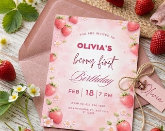 Plantilla de invitación de primer cumpleaños "One Berry Sweet" editable en Canva, invitación de fiesta de primer cumpleaños con arándanos para niña o niño.