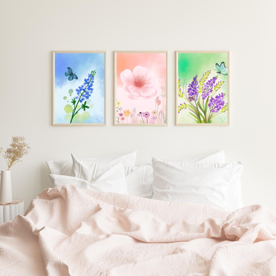 Watercolor Floral Wall Art Set, Spring Botanical Butterfly Prints ...