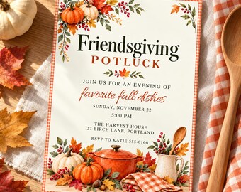 Friendsgiving Potluck Invitation Template, Fall Dinner Party Invite, Thanksgiving Gathering with Friends, Editable Canva Template