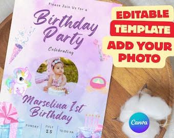 Plantilla de invitación de cumpleaños con foto editable en Canva, invitación de cumpleaños infantil personalizada con foto, invitación para la primera fiesta de cumpleaños