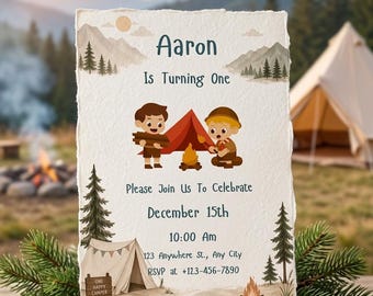 Invitación de cumpleaños "One Happy Camper", invitación de primer cumpleaños para niño con temática de campamento, invitación de fiesta de primer cumpleaños con temática de bosque, invitación editable "Happy Camper" en Canva