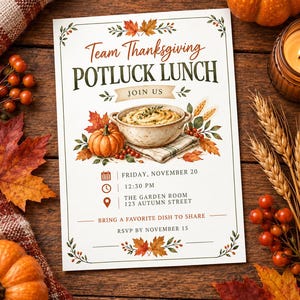 Op de afbeelding: Een rechthoekige uitnodigingskaart voor een Thanksgiving-potlucklunch met illustraties van een kom aardappelpuree, een pompoen en herfstbladeren. De tekst bevat details over het evenement, de datum, de tijd en de locatie.