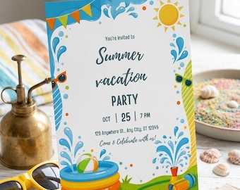 Summer Vacations Invitation Template | Goodbye School Hello Summer Editable Kids Invite | End of School Celebration Canva Template