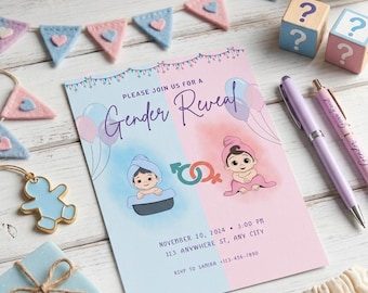 Plantilla de invitación para revelación de género, invitación para baby shower de niño o niña, plantilla editable de Canva, invitación para fiesta de revelación de género en rosa y azul.