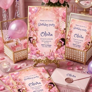 May include: Pink birthday party invitations with the name "Olivia" and event details. The invitations feature illustrations of girls in spa robes. The scene includes balloons, flowers, and decorative boxes.