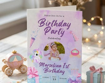 Invitación de cumpleaños de unicornio para niña, invitación editable de Canva, fiesta de primer cumpleaños de niña con arcoíris pastel, foto imprimible