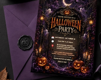 Invitación de cumpleaños de Halloween, invitación a fiesta de calabazas fantasmales espeluznantes, plantilla editable de Canva de casa embrujada, invitación digital para fiesta de Halloween infantil