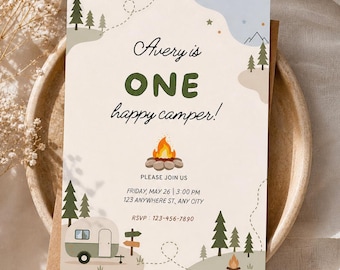 Plantilla de invitación de cumpleaños "One Happy Camper", invitación de primer cumpleaños para niño con temática de campamento, invitación para fiesta en el bosque, editable en Canva + Evite para móviles