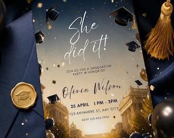 She Did It Graduation Invitation | Class of 2026 Editable Canva Template | Coquette Bow Modern Graduation Party Invite | Digital Download