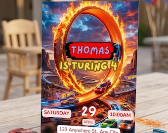Plantilla de invitación de cumpleaños infantil con temática de coches de carreras, descarga digital editable, invitación de cumpleaños "Two Fast", fiesta de coches de carreras azules y rojos