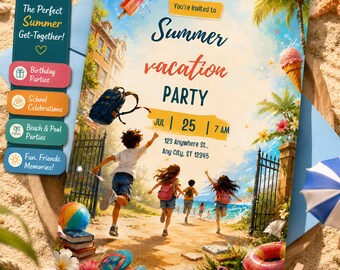 Summer Vacations Invitation Template Editable in Canva | Kids Hello Summer Party Invite | End of School Celebration Invitation