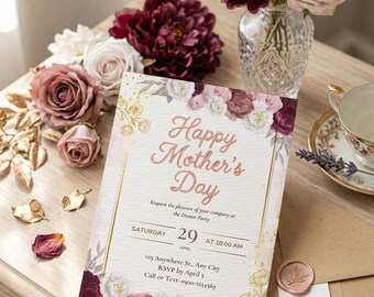 Plantilla de invitación para el Día de la Madre hecha a crochet, invitación para celebrar a mamá con hilo hecho a mano, tarjeta editable para el Día de la Madre en Canva.