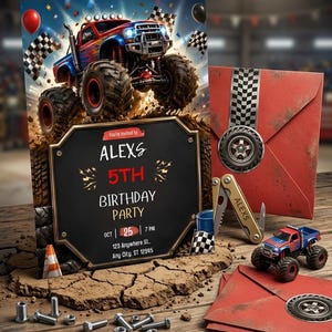 Pode incluir: Um convite de aniversário com tema de monster truck. O convite exibe o texto "ALEXS 5TH BIRTHDAY PARTY" com detalhes de data e hora. A imagem também inclui um envelope vermelho, um monster truck de brinquedo e elementos decorativos.