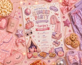 Invitación de cumpleaños para pijamada, invitación para fiesta de pijamas, plantilla para pijamada de niñas, invitación para fiesta de pijamas, plantilla editable de Canva