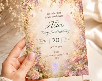 Invitación de primer cumpleaños de hada para niña, plantilla editable de Canva, invitación para fiesta de jardín de hadas, invitación digital de primer cumpleaños de hada con flores rosas