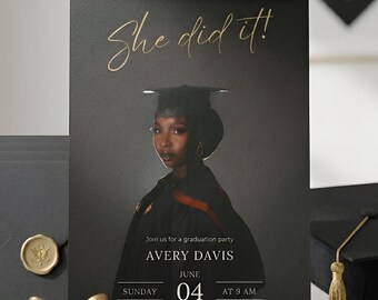 She Did It! Graduation Photo Invitation | Editable Canva Template | Custom Grad Party Invite | Digital Download