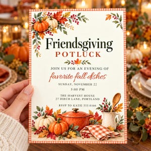 May include: A Friendsgiving potluck invitation card featuring a red and white checkered border, autumn leaves, pumpkins, a red Dutch oven, and a wooden spoon in a pitcher. Text includes: Friendsgiving POTLUCK, JOIN US FOR AN EVENING OF favorite fall dishes, SUNDAY, NOVEMBER 22, 5:00 PM, THE HARVEST HOUSE, 27 BIRCH LANE, PORTLAND, RSVP TO KATIE 555-0166.