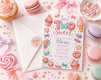 Dos dulces invitaciones de cumpleaños para niña / Invitación para fiesta de cumpleaños con dulces y caramelos / Fiesta de postres con helado y donas / Plantilla editable de Canva