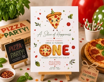 Invitación de primer cumpleaños con temática de pizza, invitación de cumpleaños para fiesta de pizza, tema de cumpleaños "Una rebanada", invitación editable en Canva, descarga instantánea.