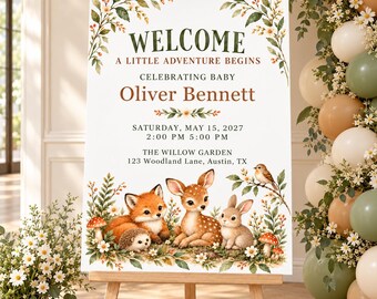Woodland Baby Shower Welcome Sign, Cute Forest Animals Little Adventure Poster, Editable Canva Template, Printable Party Decor