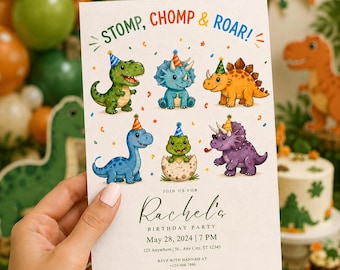 Invitación de cumpleaños de dinosaurios para fiestas infantiles, fiesta de cumpleaños con temática de dinosaurios, invitación adorable, plantilla editable de Canva.