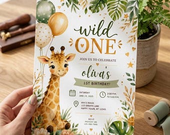 Invitación de primer cumpleaños con temática de safari, invitación de cumpleaños con temática de la jungla, primer cumpleaños con animales de safari, plantilla editable de Canva, descarga digital.