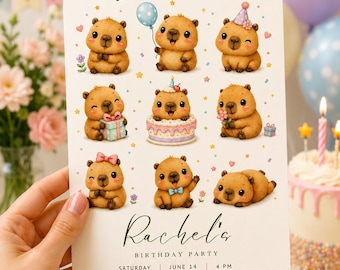 Invitación de cumpleaños de capibara, invitación de fiesta de capibara kawaii, cumpleaños infantil adorable, plantilla editable de Canva, invitación de capibara rosa