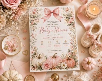 Little Pumpkin Baby Shower Invitation, Pink Bow Girl Fall Baby Shower Invite, Pumpkin Baby Shower Template, Editable Canva Invitation